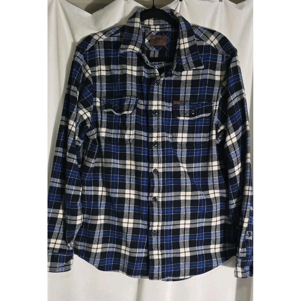 Orvis Men's Thick Flannel Shirt Size M Dark Blue Shacket Button Down 100% Cotton